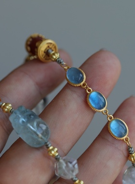 天然海蓝宝原石桶珠搭配沉香纯银珐琅彩天珠配饰幽灵聚宝盆海蓝宝