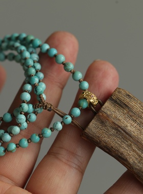 天然沉香无事牌吊坠搭配天然原矿松石手工绳长链搭配纯银鎏金链条