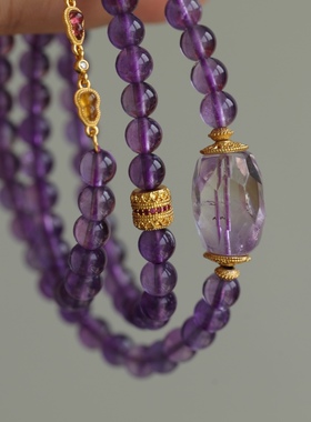 天然紫水晶多圈搭配天然紫水晶磨面随形纯银鎏金镶嵌碧玺链条