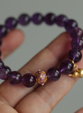 天然紫水晶手链配纯银鎏金珐琅彩四叶草珍珠花球纯银鎏金葫芦吊坠