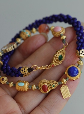 天然青金石手链纯手工配纯银鎏金镶嵌青金石松石五条经沉香珐琅彩