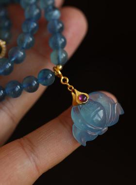 高端定制天然海蓝宝多圈搭配纯银鎏金镶嵌碧玺微镶锆石配饰紫牙乌