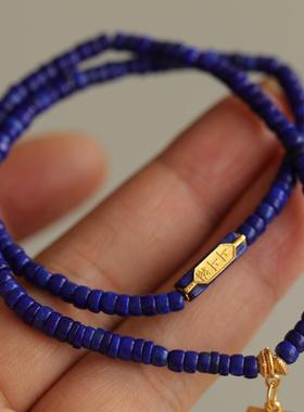 天然青金石双圈手链搭配纯银鎏金上上签配饰青金石无事牌吊坠