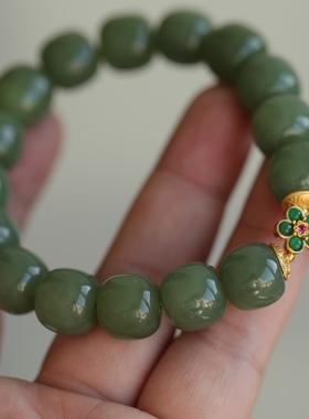 高端定制天然和田玉老形珠手链精美无杂裂的品质纯银鎏金镶嵌翡翠