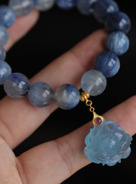 超美的蓝天然蓝晶石玉化蓝晶石纯银鎏金紫牙乌扣镶嵌天然海蓝宝