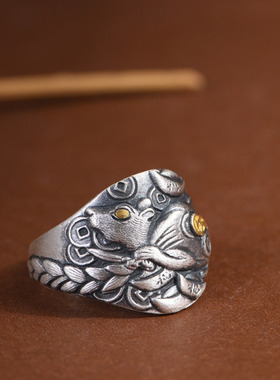 足银复古做旧古朴优雅金钱鼠元宝麦穗戒指吊坠手镯套装女