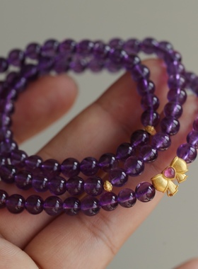 天然紫水晶多圈搭配纯银鎏金蝴蝶结镶嵌碧玺配饰超美的晶体和成色