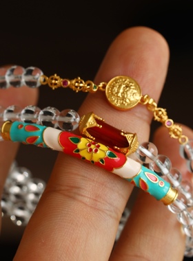 天然白水晶多圈搭配纯银鎏金珐琅彩半镯鎏金链条南红配饰