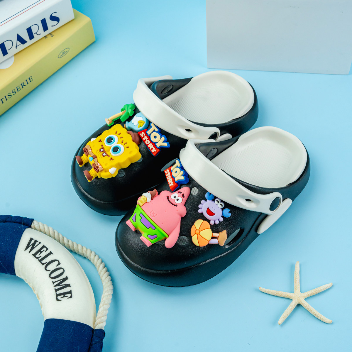 新款男童拖鞋卡通海绵宝宝双拼色百搭eva洞洞鞋软底防滑包头凉鞋,淘宝优惠券,粉丝福利购,淘宝优惠卷