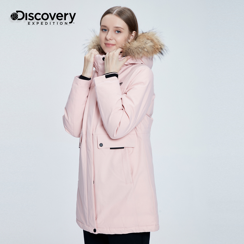 Discovery羽绒服女中长款冬季新品红色工装户外鹅绒蓄热保暖外套