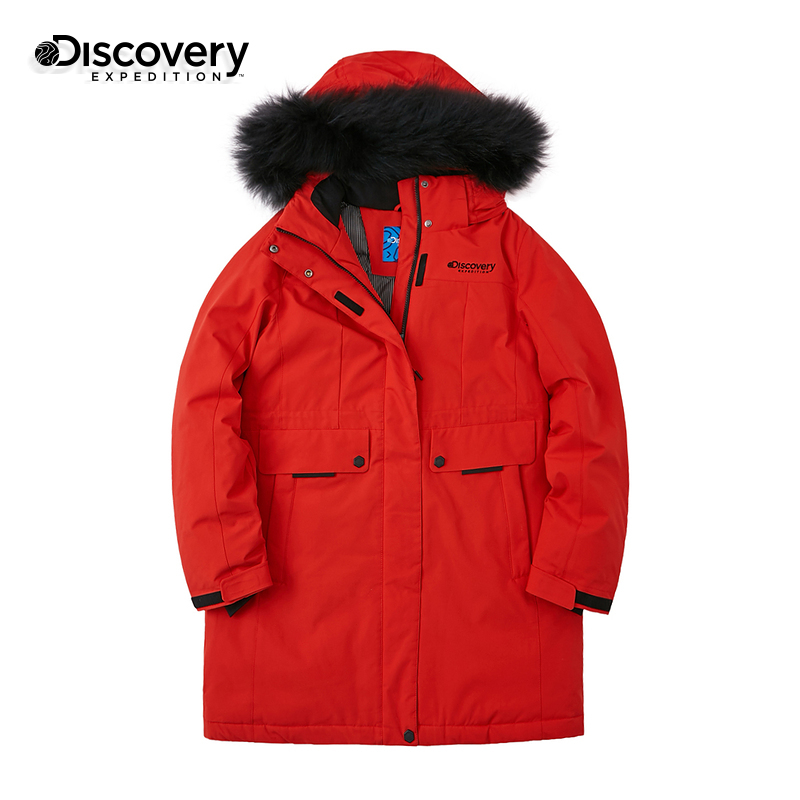 Discovery羽绒服女中长款冬季新品红色工装户外鹅绒蓄热保暖外套