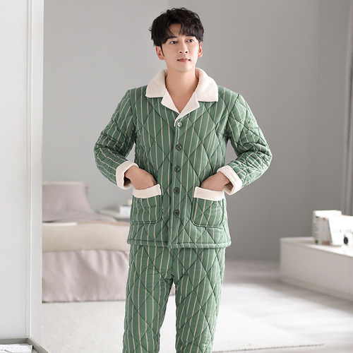 男士睡衣纯棉秋冬款三层夹棉加厚冬季加大码保暖家居服套装可外穿 - 图1