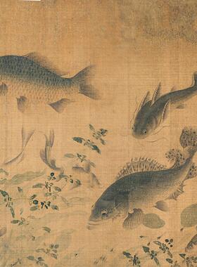 微喷落花游鱼图真迹复制品国画
