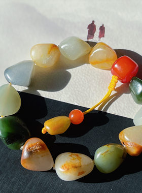 罕见方言和田玉精品新疆玉龙河老熟黄沁皮白玉籽料多宝原石手串w1