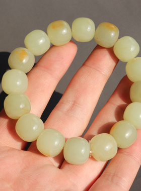美呆方言和田玉佩戴级油润黄沁皮黄白玉籽料14mm老型珠手串手链A8