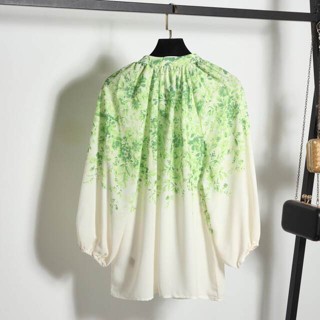 Foreign trade new style bamboo green smoke wave chiffon print design elegant temperament small floral women's mid-sleeve chiffon shirt
