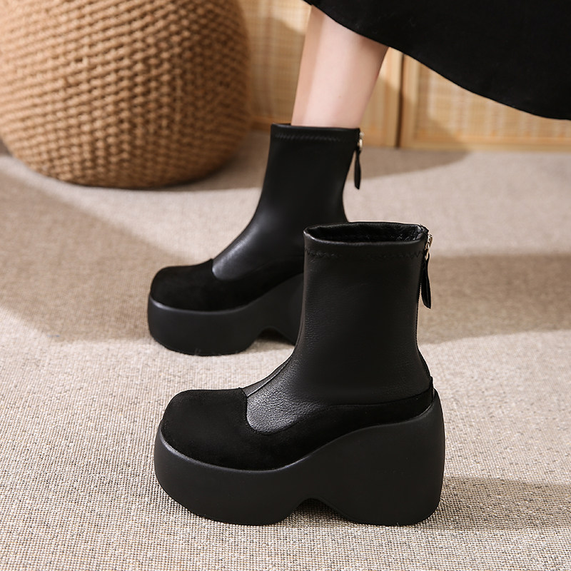 真皮大码短靴41到43冬厚底增高10cm女鞋洋气百搭小个子坡跟马丁靴,淘宝优惠券,粉丝福利购,淘宝优惠卷