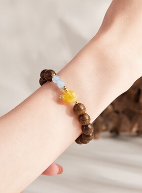 S925纯银金丝檀木蜜蜡转运珠手串女新中式复古小众高级感饰品礼物