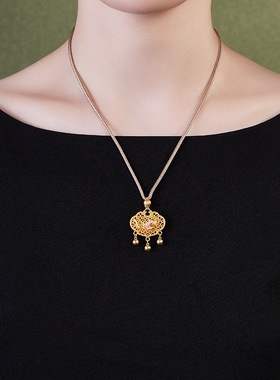 足银999古法花丝镂空冷珐琅莲花平安锁编绳项链女新中式新年礼物