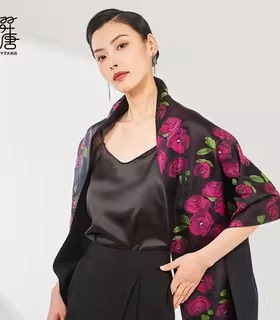羿唐丝绸原创设计丝巾【爱意玫瑰】玉扣款真丝双层披肩外搭女洋气
