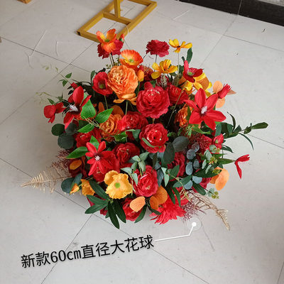 新款舞台路引花地排花中国风大红婚庆仿真花婚礼布场背景长条花 虎窝淘