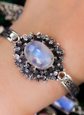 尼泊尔进口天然蓝月光石纯银手镯