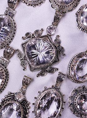 尼泊尔天然白水晶纯银吊坠项链女