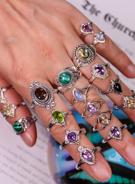 波西米亚风天然宝石纯银戒指孤品