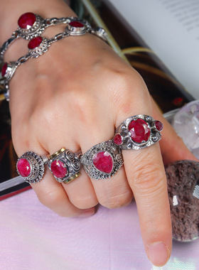 尼泊尔复古手工红宝石纯银戒指女