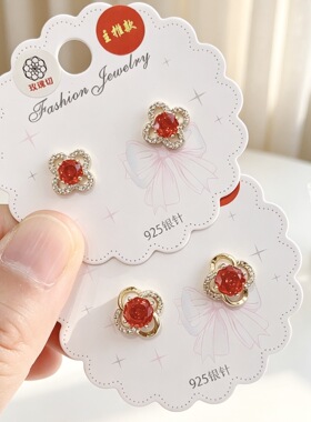 925银针红色冰花切耳钉女复古新年款式百搭基础款耳环过年氛围感