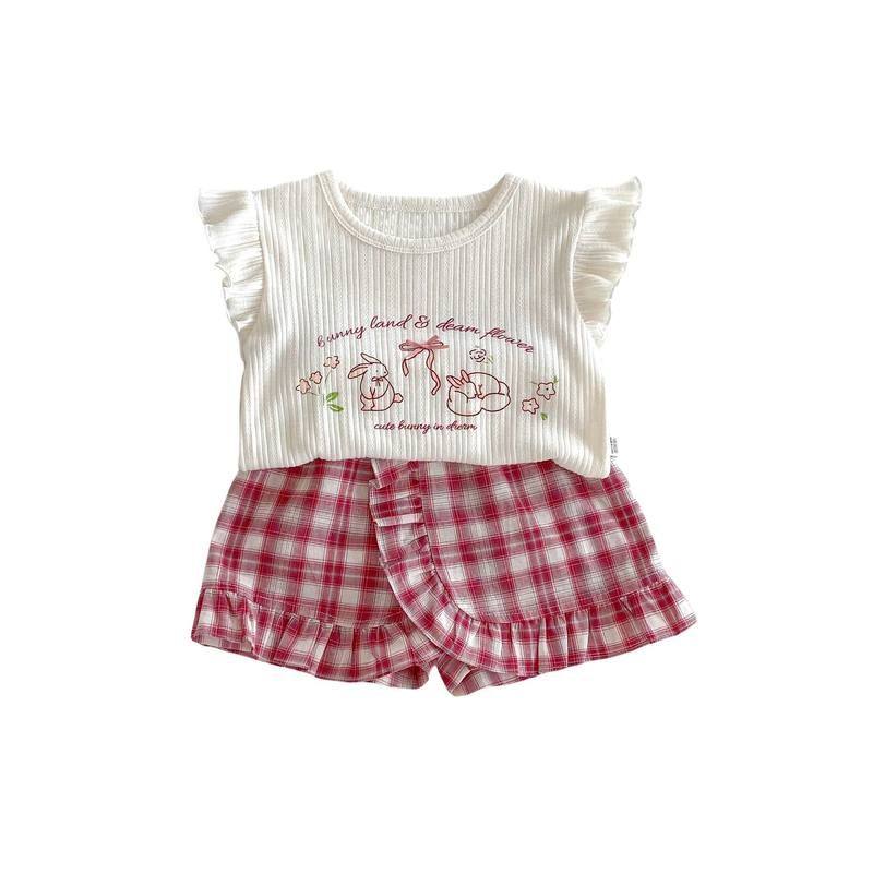 女童卡通T恤2025新款夏季宝宝洋气小兔印花上衣儿童经典格子短裤,淘宝优惠券,粉丝福利购,淘宝优惠卷