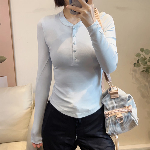 斯斯0301 HOLD巨舒服 亨利领莫代尔五扣高弹性修身长袖纯色T恤 - 图1