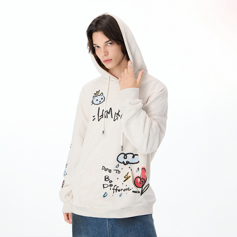 LAMLICKA卡通小猫灰色卫衣连帽美式慵懒长袖上衣帽衫重磅宽松外套 - 图0