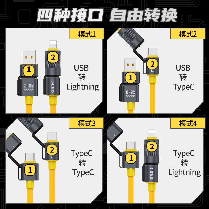 多设备PD240W快充便携数据线适用苹果iphone15/13华为oppo小米安卓手机tpyec笔记本平板ipad二三四合一充电线