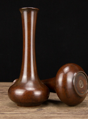 仿古铜花瓶莲花纹花瓶成对铜花瓶电镀紫铜家居饰品花瓶摆件装饰瓶