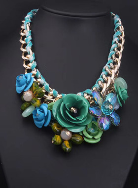 欧美夸张彩色花朵麻绳编织水晶宝石手工锁骨短项链时尚女摄影配饰