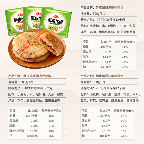 安井猪肉大葱黑椒牛肉韭菜鸡蛋酥皮馅饼速冻食品懒人儿童早餐煎饼 - 图0