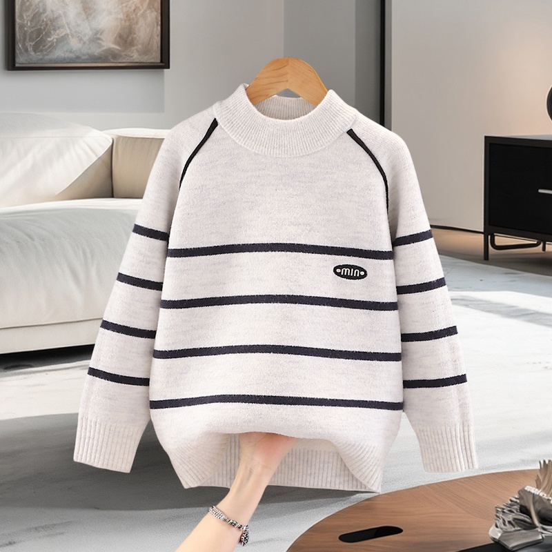 男童毛衣一体绒加厚中学生圆领打底衫中大童内搭针织衫不起球毛衣 - 图1