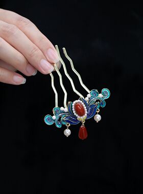 陌上芊古典珍珠花朵烧蓝簪子发饰