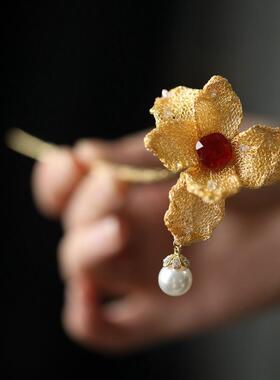 新中式发簪女金色花朵珍珠流苏旗袍簪子配饰马面裙头饰