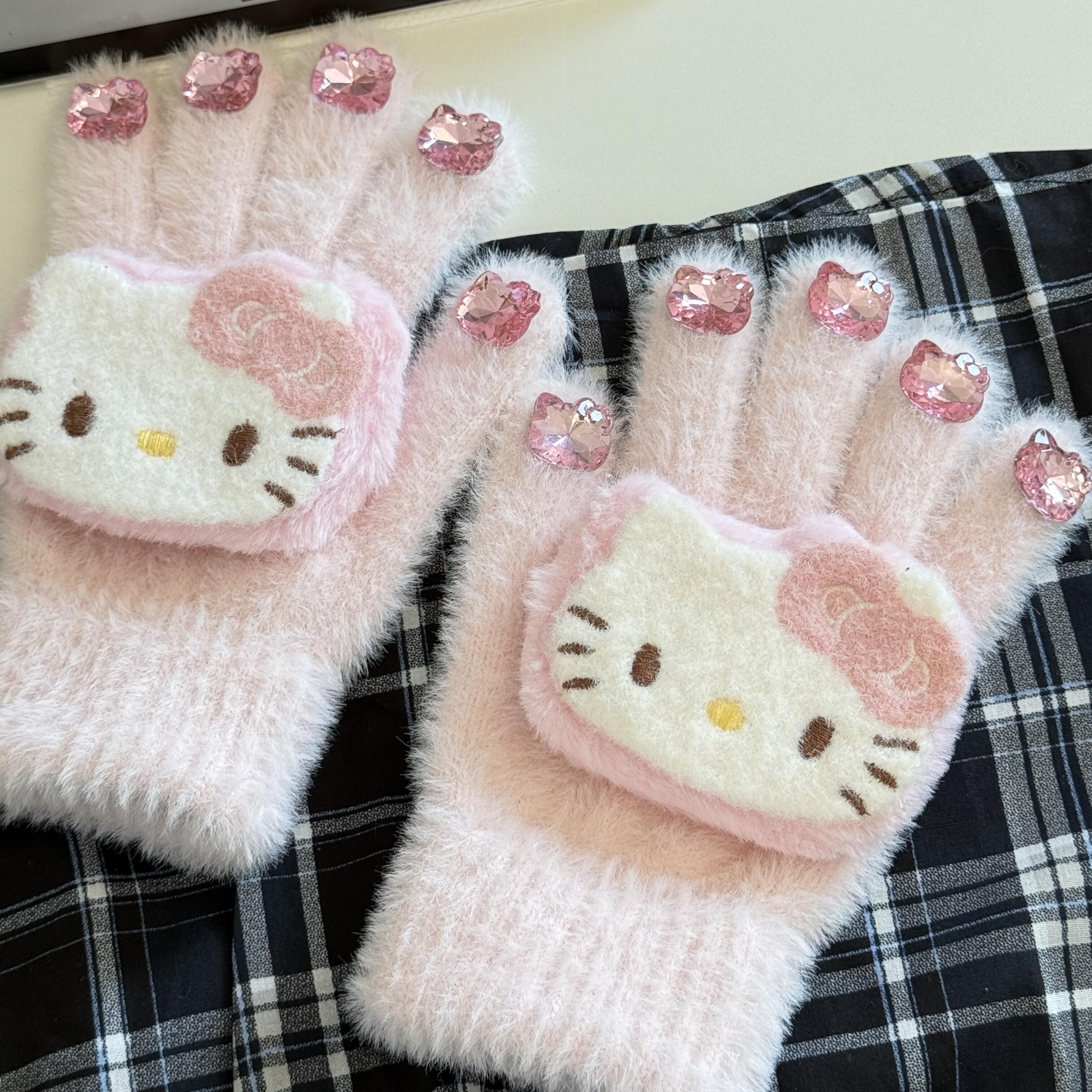 可爱KT水钻毛绒分指露指触屏儿童手套女冬季防寒防风保暖加厚,淘宝优惠券,粉丝福利购,淘宝优惠卷