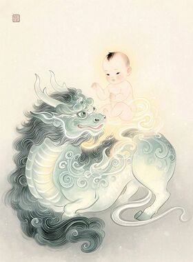 瑞兽麒麟送子图自粘防水贴纸画客厅卧室玄关走廊装饰贴纸画