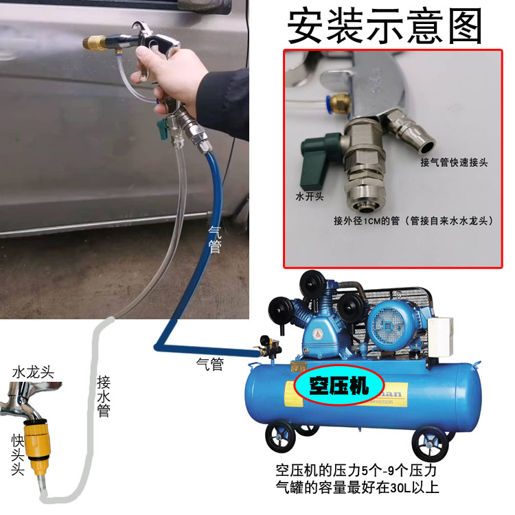 气动洗车高压水枪水气混合枪接空压机家用自助洗车枪水汽双管枪-图1