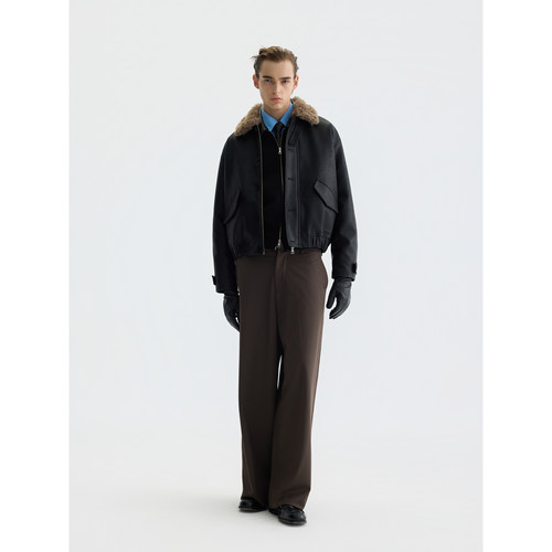 PURE2 SHEARLING LEATHER JACKET 复古肌理皮质短宽毛领棉服夹克 - 图2