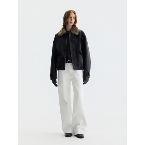 PURE2 SHEARLING LEATHER JACKET 复古肌理皮质短宽毛领棉服夹克 - 图0