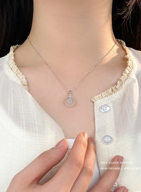 s925纯银蝴蝶花朵平安扣锁骨链女