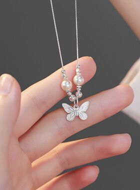 s925纯银施家珍珠和田玉蝴蝶项链