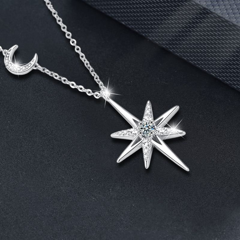莫桑石s925纯银八芒星项链小众设计感星星吊坠气质百搭锁骨链饰品 - 图0