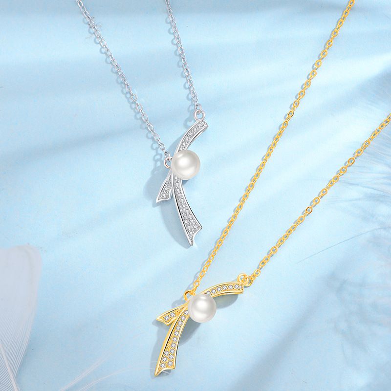 S925纯银珍爱蝴蝶结项链单边蝴蝶结珍珠锁骨链项链精致公主闪钻 - 图0