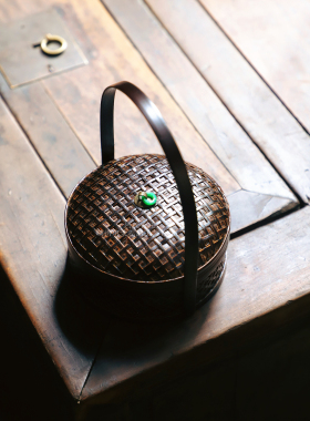 竹编提篮茶具收纳竹篮子中秋年货包装盒复古茶具收纳盒带盖提盒